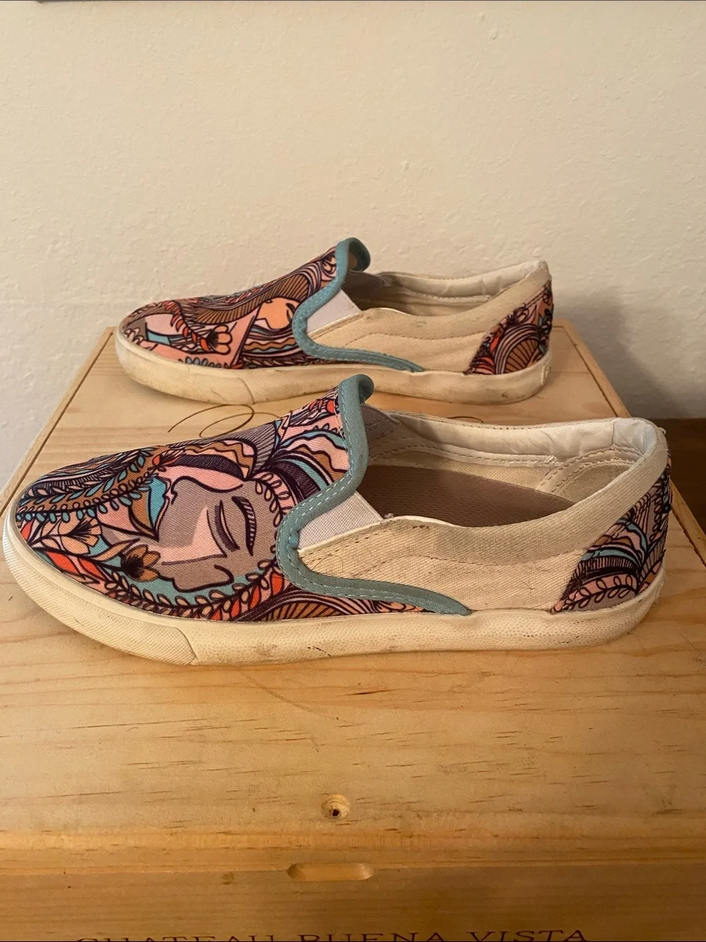 Slip-On Canvas Shoes with Pink & Teal Abstract Floral Print / Feminine Face